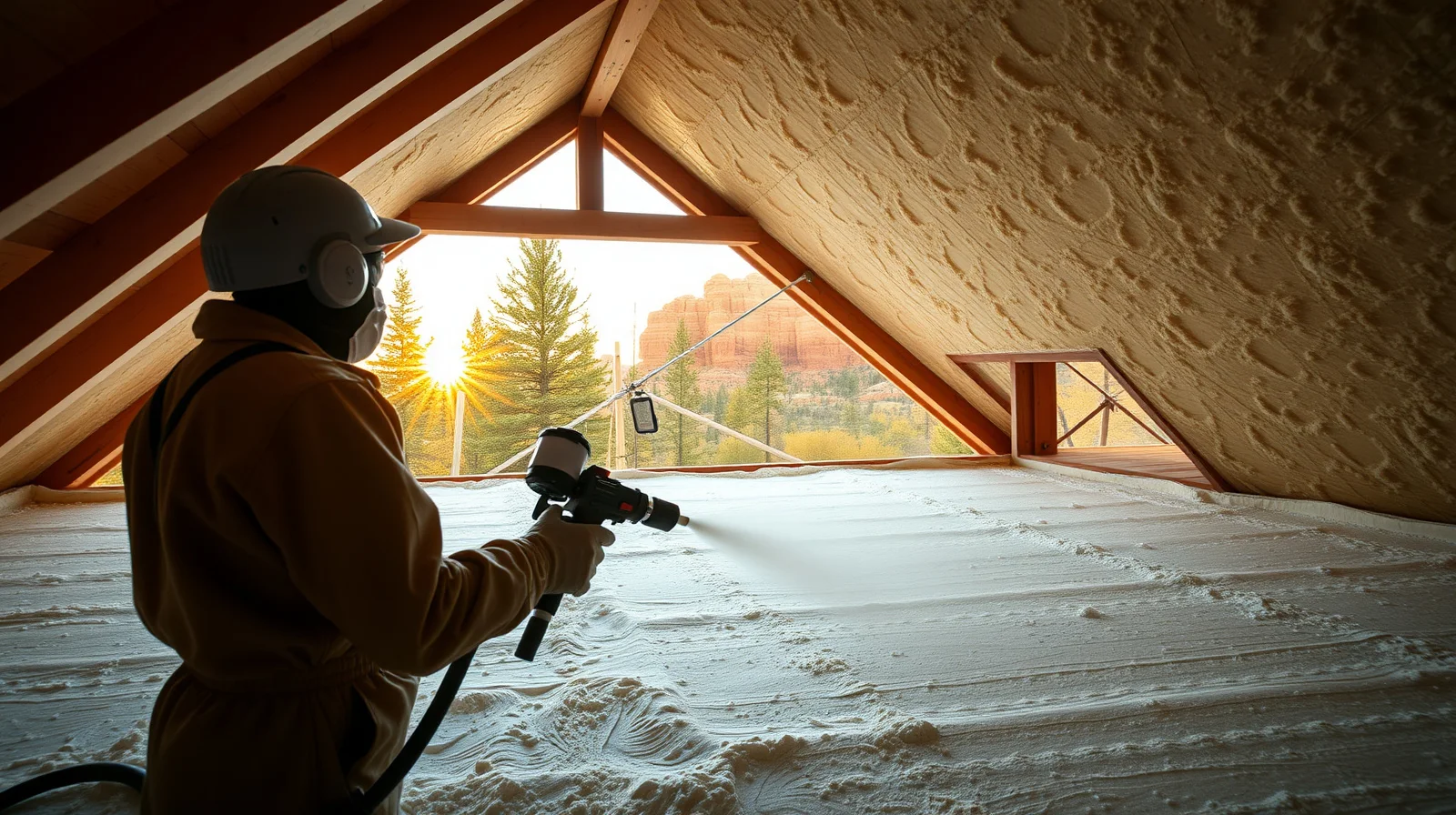 Technician spray-applying spray foam insulation into an attic roof deck in a Payson, Arizona home