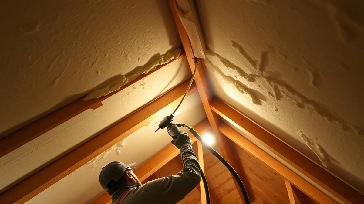Technician spraying foam insulation onto an attic roof deck